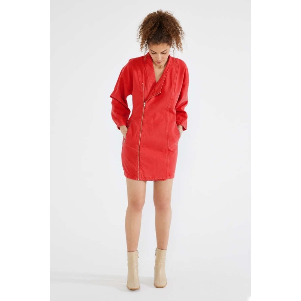 Etica Denim Mini Dress Womens Large Red Excellent Moto Asymmetrical Zip Pocket